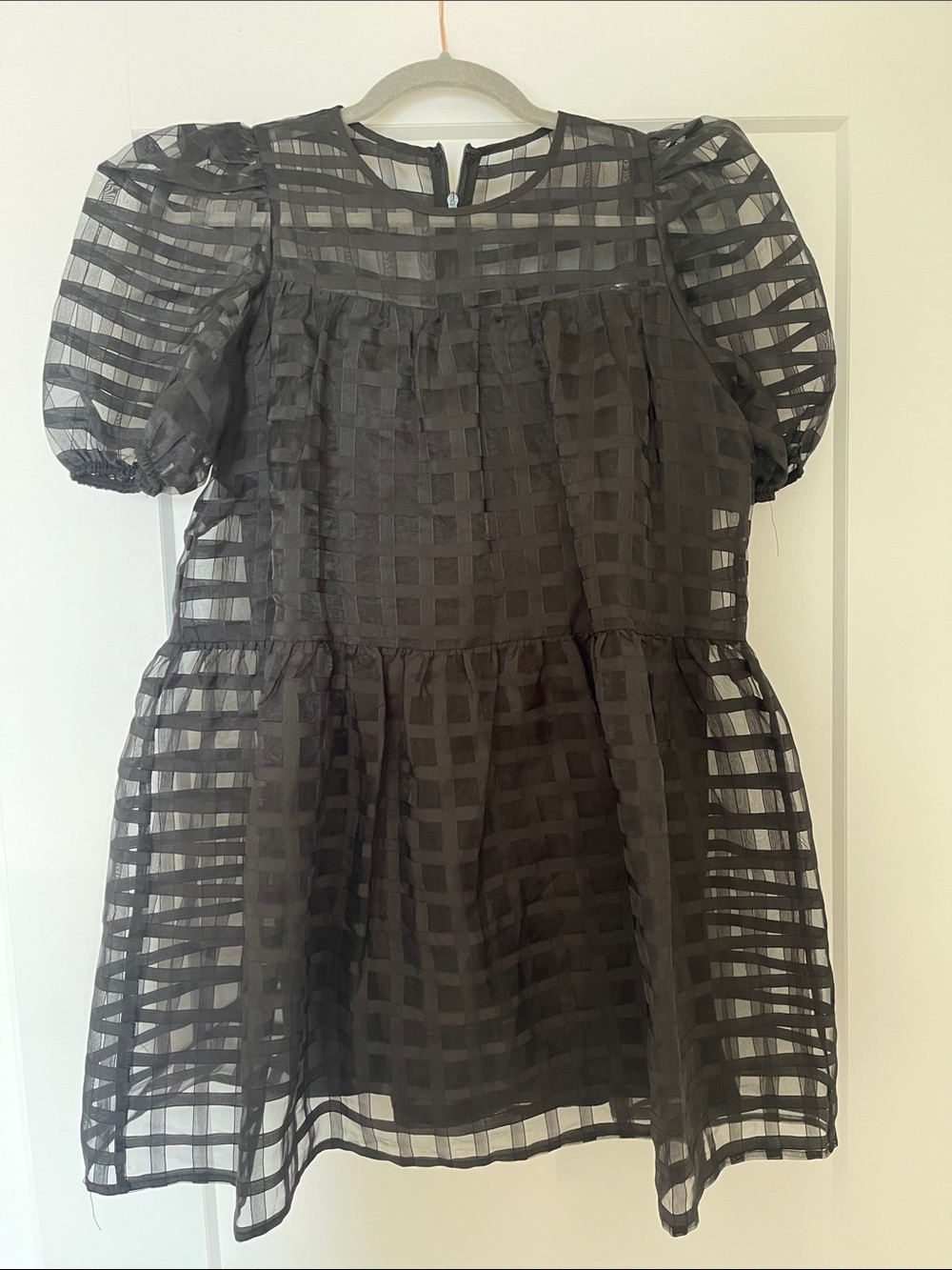 Sheer Check Puff-Sleeve Mini Dress in Black